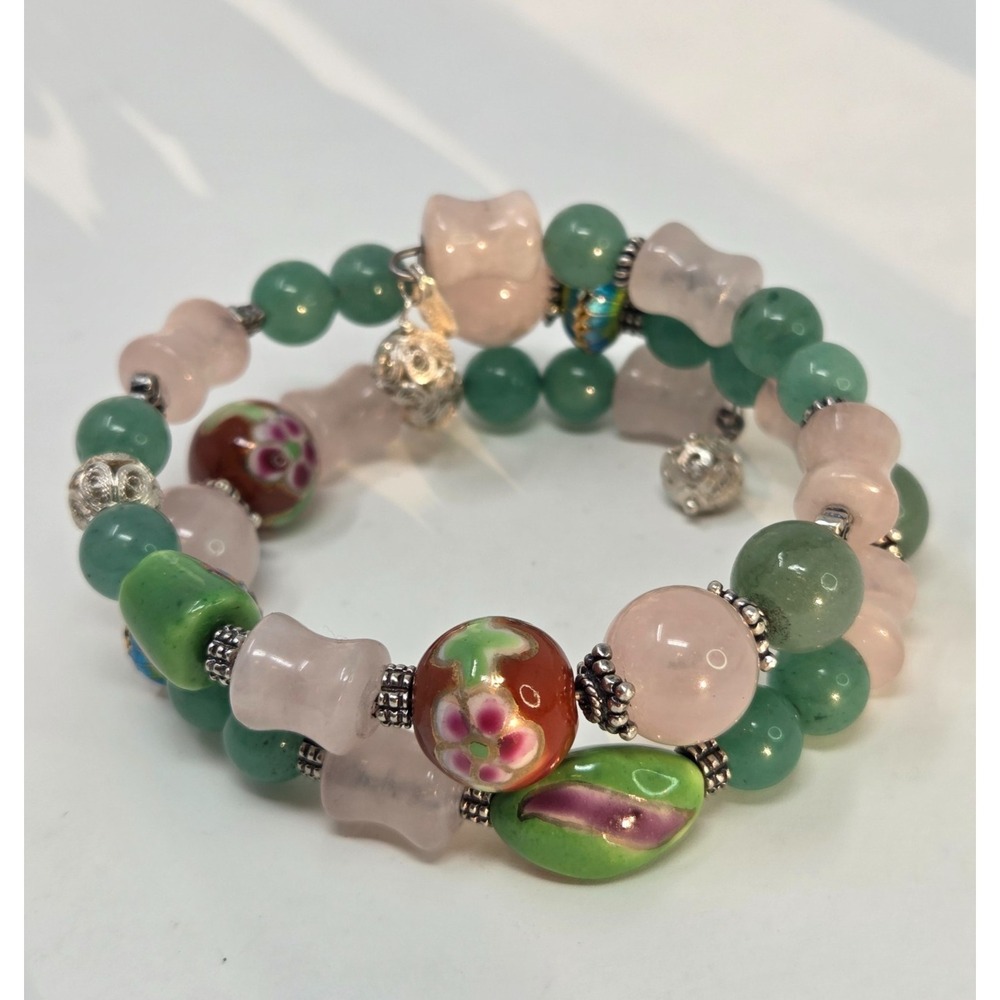 Designer BJ Sterling Silver Jade Cloisonne Bead Wrap Bracelet One Size‎